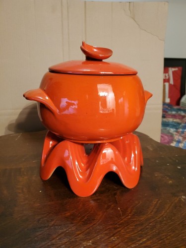 Vintage MCM Frankoma Flame Red Orange Bean/Fondu Pot, Lid, Votive Warmer 1960s - Picture 2 of 12