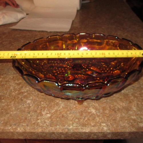 Vintage Indiana Iridescent Carnival Glass Fruit Harvest Grape Amber Footed Bowl - Picture 6 of 10