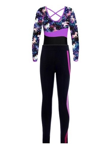 Kids Girls Gymnastics Leotard with Pants Set Yoga Dancewear Jumpsuit Active Wear - Picture 16 of 30
