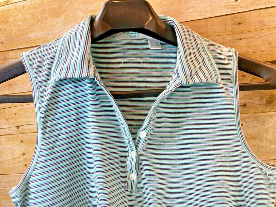 LIZ GOLF COLLAR 3 BUTTON GOLF TANK TOP BLUE PURPLE GREEN STRIPE WM'S XL ⭐️EUC⭐️ - Image 2 of 4