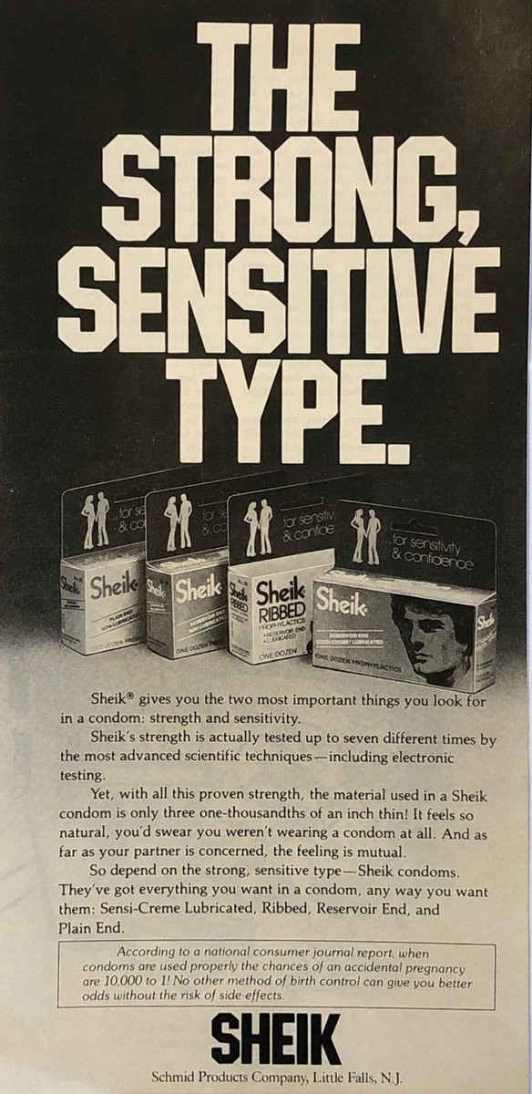 1980 Sheik Condoms PRINT AD Ribbed Reservoir - The Strong