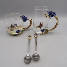 2 Elegant Tea Cup Glass Coffee Mug Enamel Rose Flower Butterfly w matching spoon