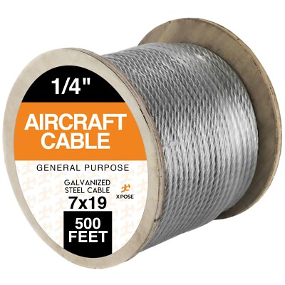 Groove Industrial 1/4" Galvanized Aircraft Cable - 7x19 Steel Wire Rope, 100 Feet