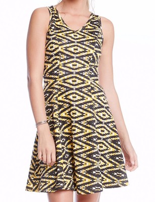 Karen Kane Yellow Diamond Double Knit Dress, S, Print