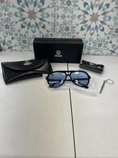 Duco Retro Aviator Polarized Sunglasses Black Frames Blue Lenses