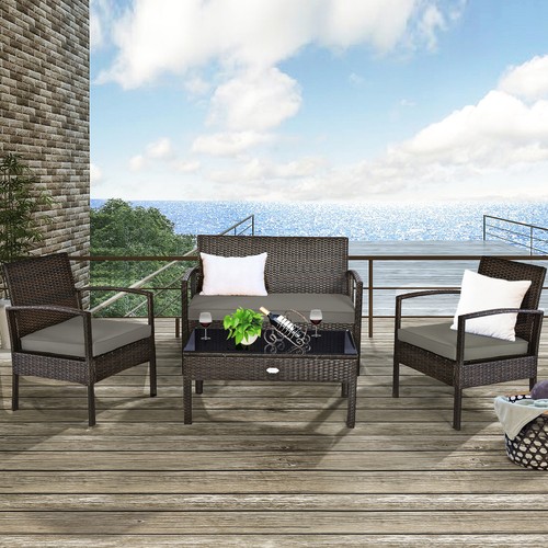 4PCS Outdoor Patio Rattan Furniture Set Cushioned Sofa Coffee Table Deck - Picture 5 of 8