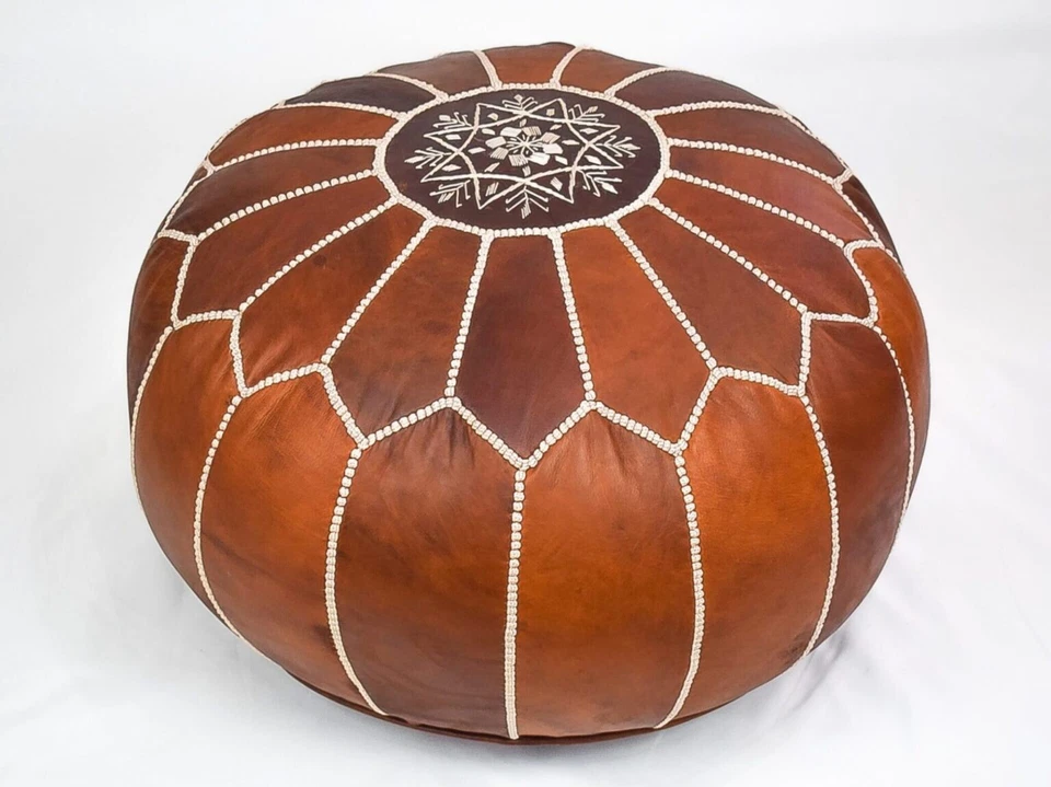 Pouf Rond Rotondi Marocain Cuir Véritable Fait Main – Marron (sans remplissage) - Photo 1/4