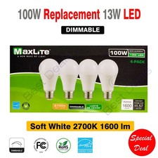 Maxlite 100W replacement 13W LED Light Bulb Soft White A19 2700K Dimmable E26