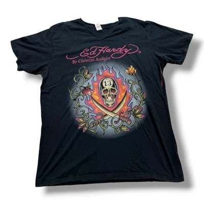 Vintage Y2K Ed Hardy Lucky 13 Tattoo Graphic Tee Shirt XL V Neck Skull - Image 1 of 4