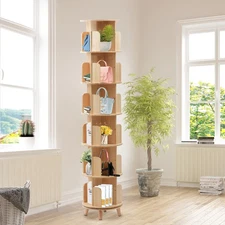 77" 360° Rotating Wood Bookcase Open Storage Display Rack Corner Bookshelf 6Tier