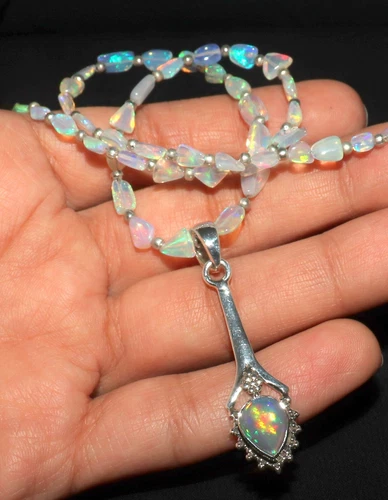 Natural Ethiopian opal necklace with sterling silver fire opal pendant for women