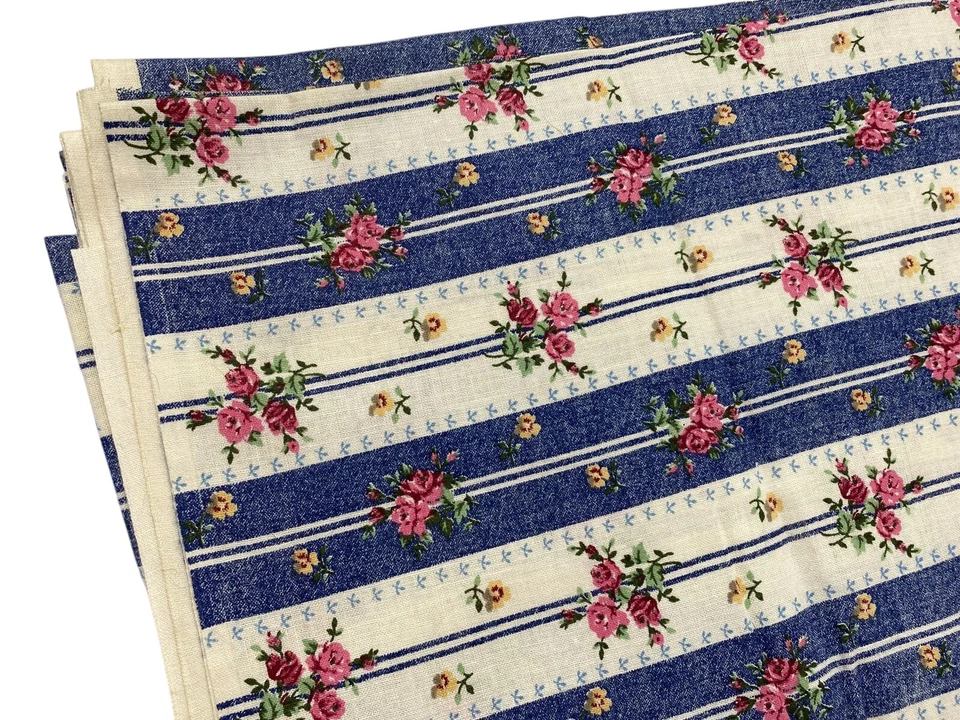 Vintage Marcus Brothers Fabric 2 Yds Blue White Floral Stripe Pink Yellow Roses - Image 4 of 4