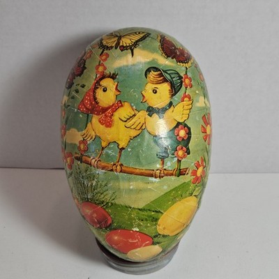 Vtg German Paper Mache Easter Egg Candy Holder Butterflies Chicks Flowers 7.5''