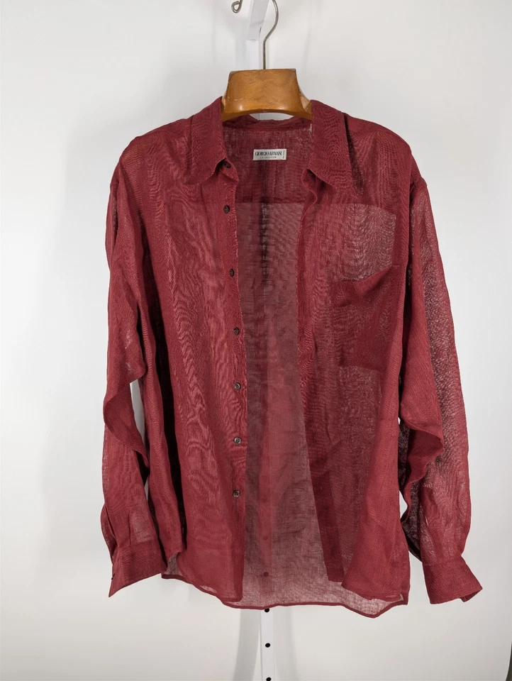 Vtg Giorgio Armani Le Collezioni Sheer Linen Shirt Men's XL Clay Red 90s Italy - Image 4 of 4