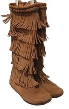 Minnetonka Suede Leather 5-layer Fringe Boot Women's Size 9 Brown Tall Moccasin