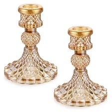 Set of 2 Gold Glass Taper Candle Holders Decorative Glass Candlestick Holders M