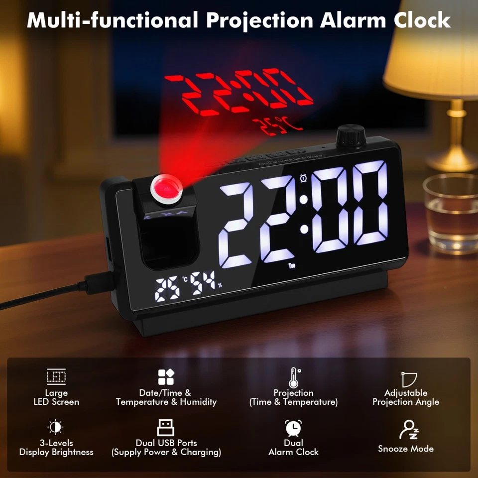 Funk-Projektionswecker Funkwecker USB 2 Alarme Temperaturanzeige Datumsnazeige - Bild 2 von 4