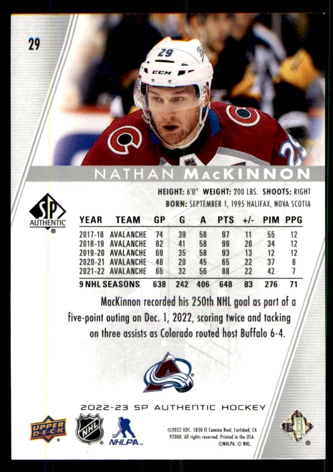 2022-23 SP Authentic Nathan MacKinnon Colorado Avalanche #29 - Image 2 of 2