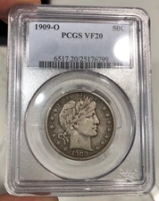 1909-O Barber Half Dollar graded VF20 by PCGS Better Date Mid Grade