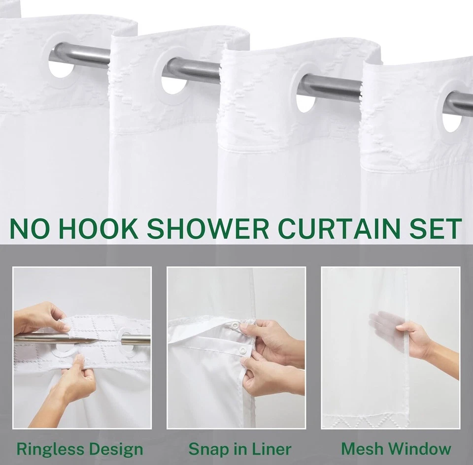 No Hook Shower Curtain and Snap in Liner Set, White - Image 2 of 3