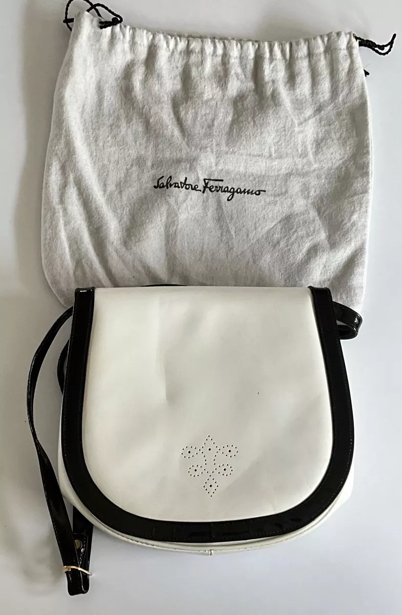SALVATORE FERRAGAMO White Black Leather Crossbody Bag with Dust Bag