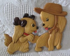 Wooden Wall Plaque Of Two Puppies Playing Cocker Spaniels