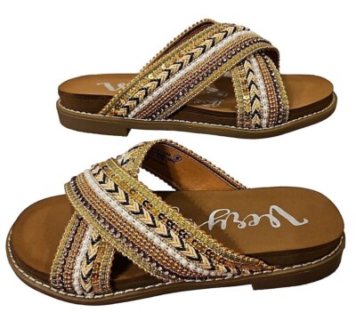 Very G Slip On Slide Sandals Womens 7.5 Elkin Bronze 1''Heel Comfort Sparkel New