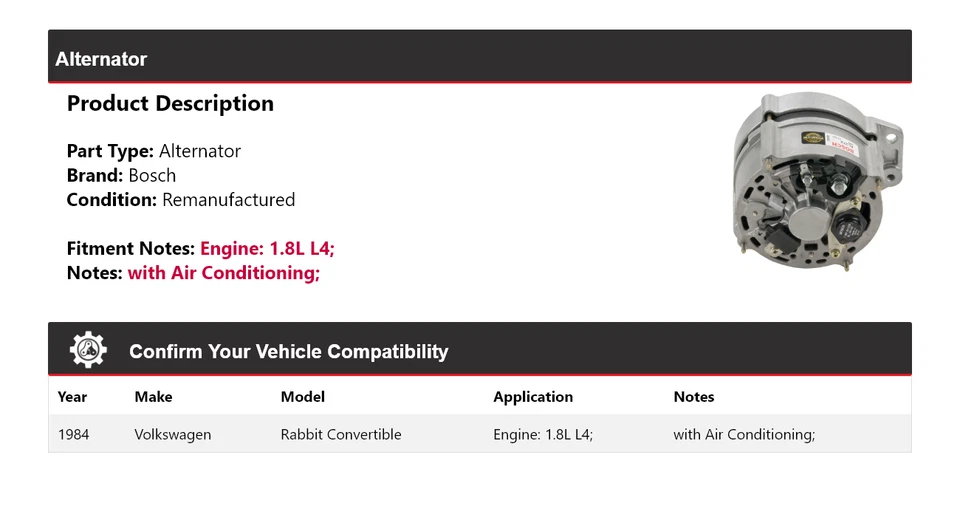 For 1984 Volkswagen Rabbit Convertible 1.8L L4 Bosch Alternator (Remanufactured) - Image 2 of 4