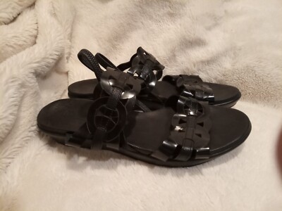 Munro Women American Walking Wedge Leather Sandal Shoes Sz 8 Black Interlocking 
