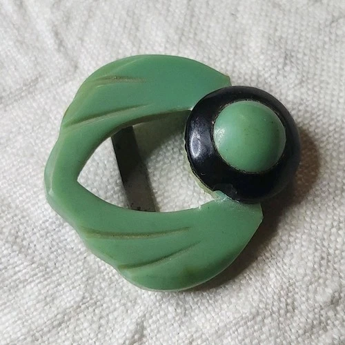 Vintage Green Black Bakelite Dress Clip Brass Asymmetrical Fashion Jewelry