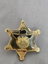 Sheriff Star Badge Pin Gold Tone Cartoon Cowboy Western Lawman Costume Accessory