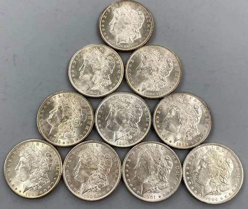 10 BU US Morgan 90% Silver $1 mixed dates L24228
