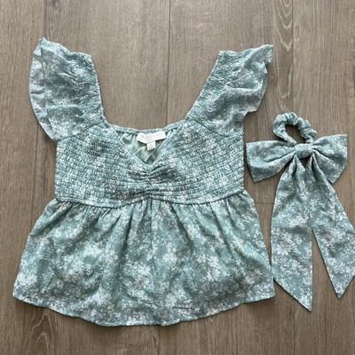 Cute Smocked Floral Peplum Blouse in Mint Green with matching hair tie