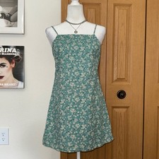 American Eagle Teal Floral Mini Dress Linen Blend Tie Back Cutout Size Medium