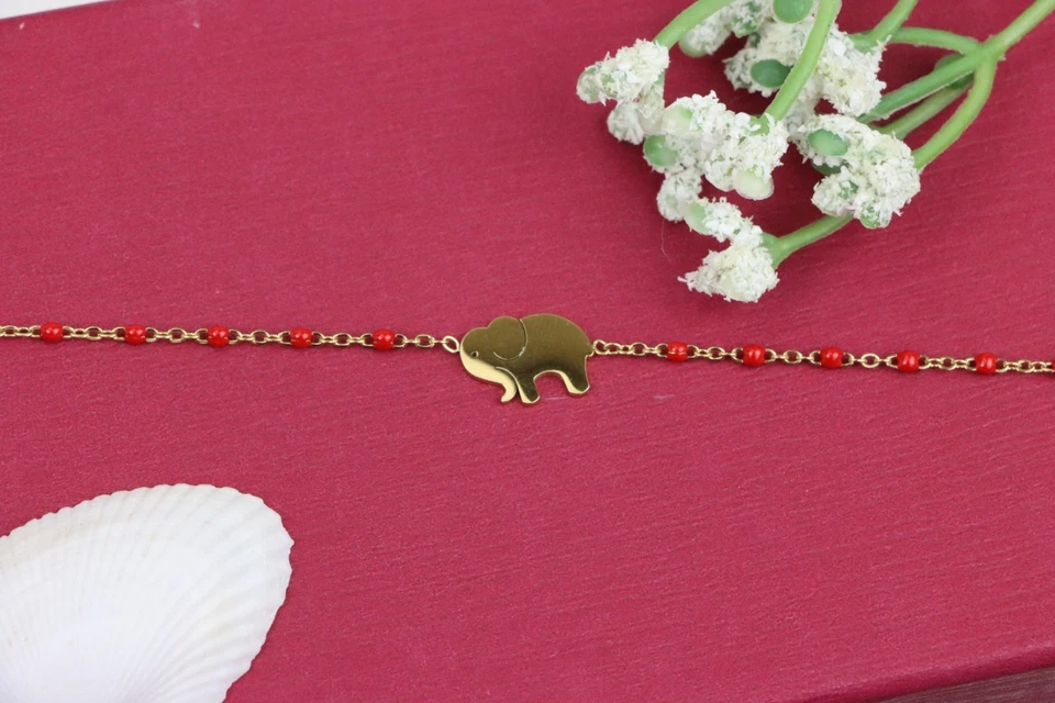 Elegante pulsera amarilla con dije de elefante y cadena de cuentas rojas, XPBL0658 Foto 2 de 4