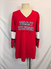 Tommy Hilfiger Denim Sweatshirt Dress L Red Spellout V-Neck Varsity Pockets