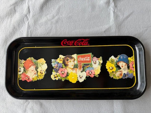 Coca-Cola Metal Tray, Ladies with Pansies, Black Rectangle Tray