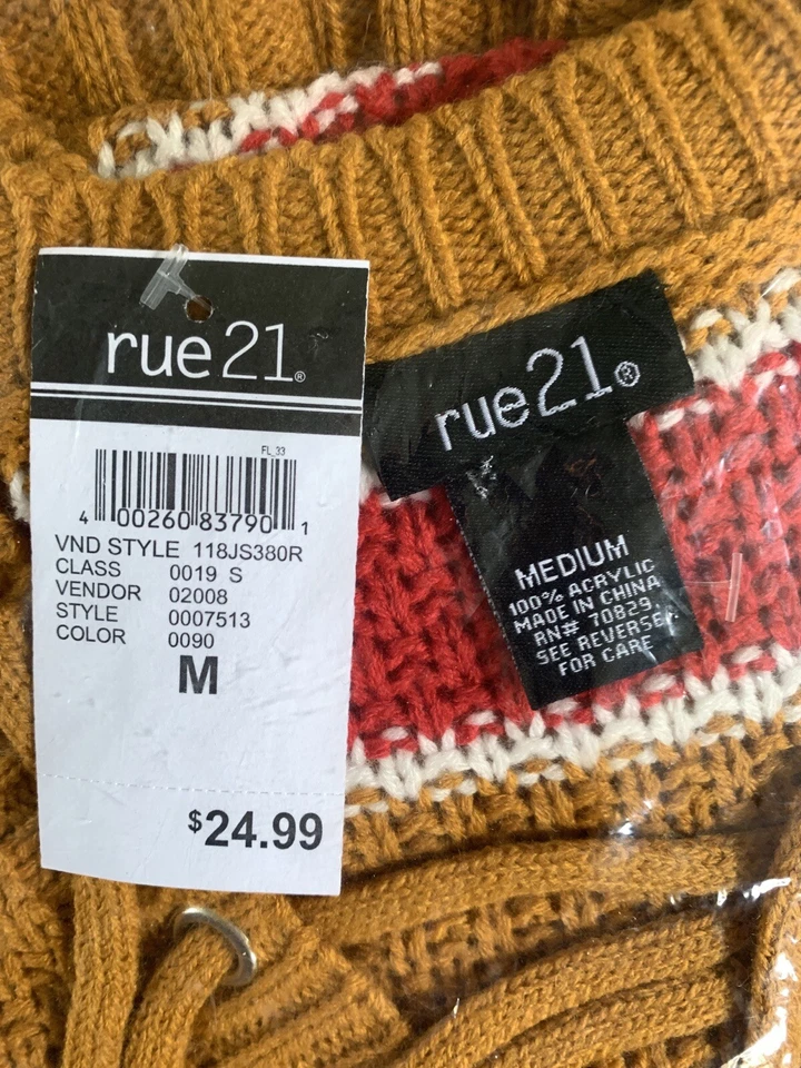 Suéter para mujer Rue 21 naranja y dorado a rayas con cordones cuello en V tejido con cable mediano  Foto 2 de 4