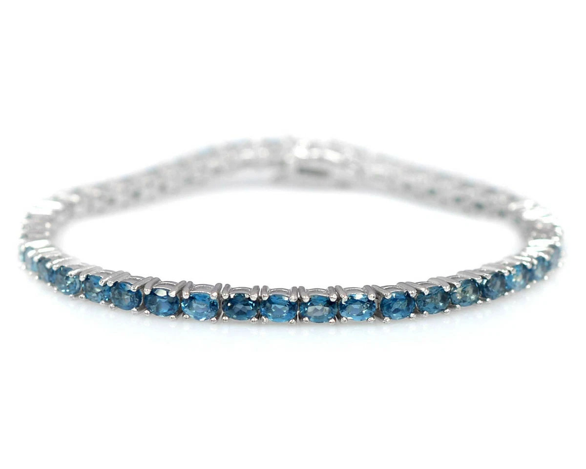 Bracelet Tennis En Argent 925 Plaqué Or - Serti De Topazes Bleu Londres 4mm - Longueur 7,25 Pouces - Neuf