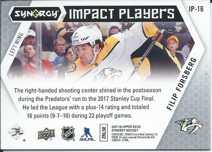 2017-18 Upper Deck Synergy FILIP FORSBERG Impact Players #IP-16 Nashville Preds - Image 2 of 2