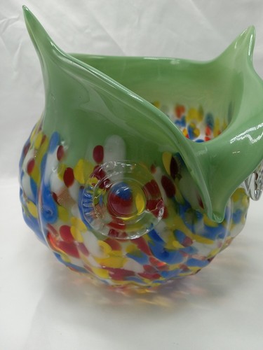 Vintage Kunst Glas Eule Vase mundgeblasen bunt Konfetti hellgrün MCM - Bild 10 von 10