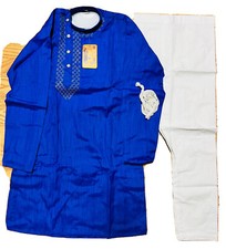 Boy Sz34 Indian Pakistan 12-13 yr Kurta pajama Bollywood Blue wht cotton-2 pc