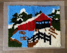 Vintage Latch Hook Red Covered Bridge 20 X 25 Complete