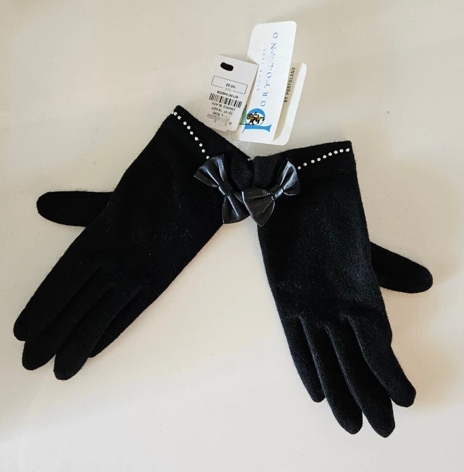 NEW Portolano Women's Black Cashmere Wool High Tech Gloves Sheepskin Bow NWT