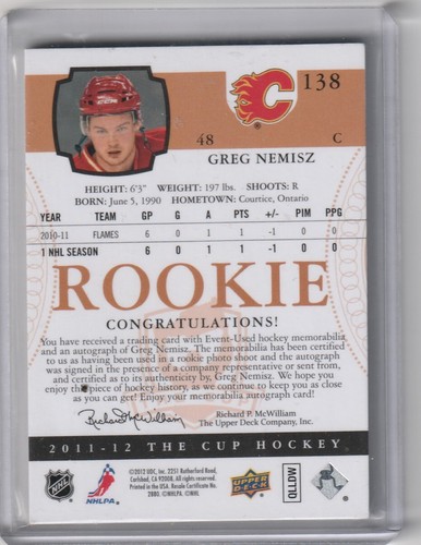 2011-12 The Cup Rookie Auto Patch/249 Greg Nemisz #138 - Picture 2 of 2