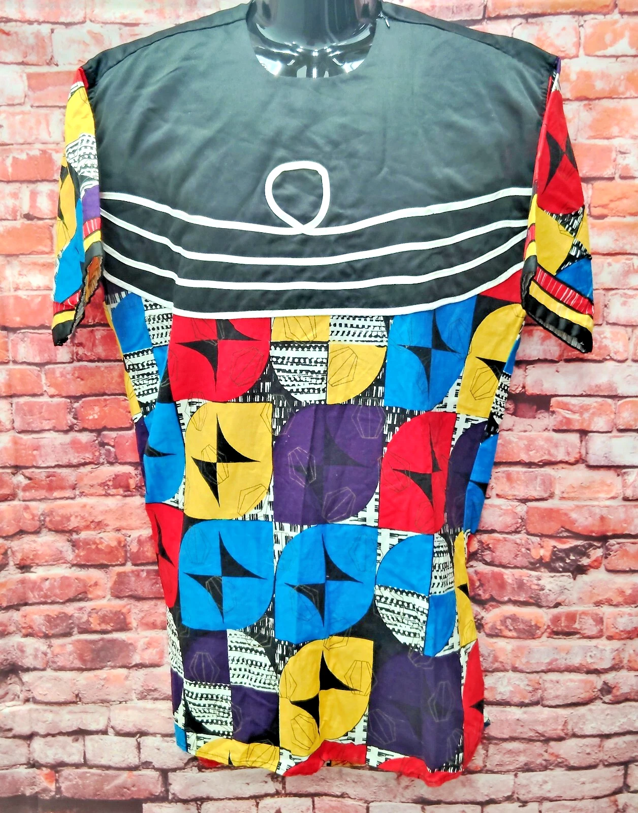 Mens Shirt Multi Geometric Print Short Sleeve Crew Neck Shoulder Zip Pullover