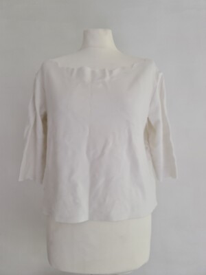 Eri + Ali Damen Weiß Jakobsmuschel 3/4 Ärmel U-Boot Ausschnitt Stretchig Cropped Top. Groß.