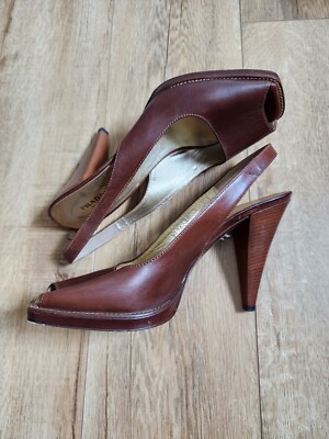 Prada Brown Leather Square Open Toe Sling back Sandals Heels EU Sz