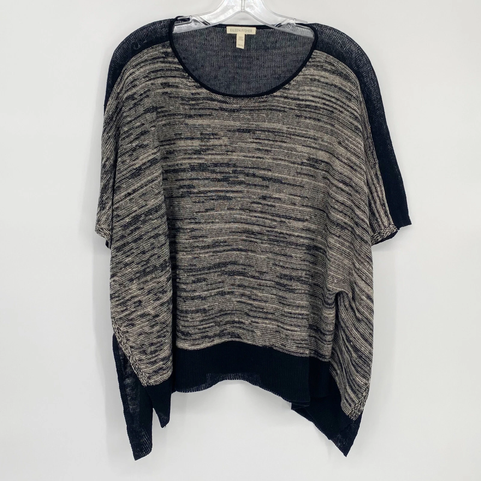 Eileen Fisher OS One Size Black Knit Blouse Pullover Organic Linen Poncho?