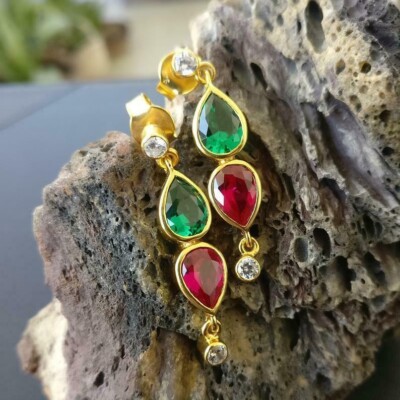 4Ct Pear Cut Simulated Pink Ruby & Emerald Drop Earrings 14K Yellow Gold Plated